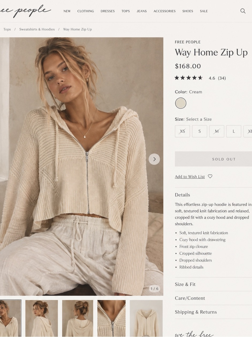 Free People Textured Cropped Zip Hoodie in Cream